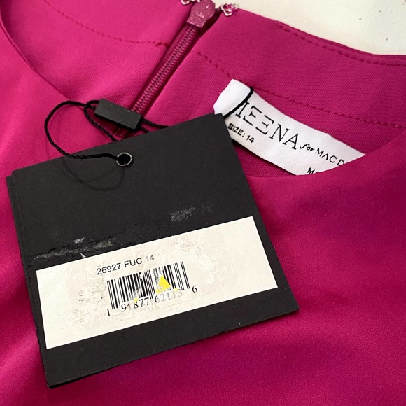 Mac Duggal Satin High Neck Puff Shoulder Midi Dress Fuchsia 26927 Size 14 - Picture 2 of 9